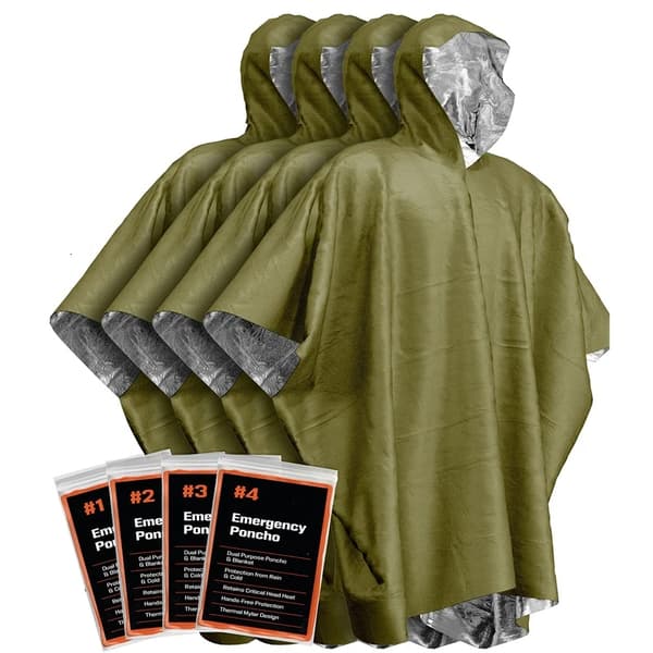 4 stk. Nødponcho og Mylar Tæppe Foring - Vindafvisende Udendørs Regnponcho til Camping