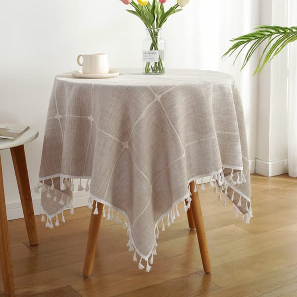 Fyrkantig rutig liten duk i bomullslinne, ljusbrun boho-broderad bordsduk, rustik bordsduk