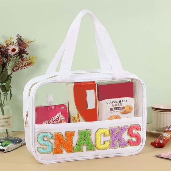 Snackposer, Snackpose Chenille Bogstav Patch Klar Taske, Snackpose til rejser, Preppy Kosmetikpose Klar Snackpose med Lynlås