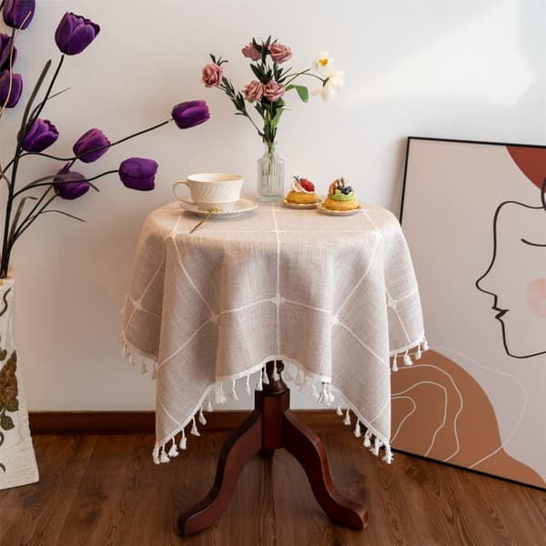 Fyrkantig rutig liten duk i bomullslinne, ljusbrun boho-broderad bordsduk, rustik bordsduk