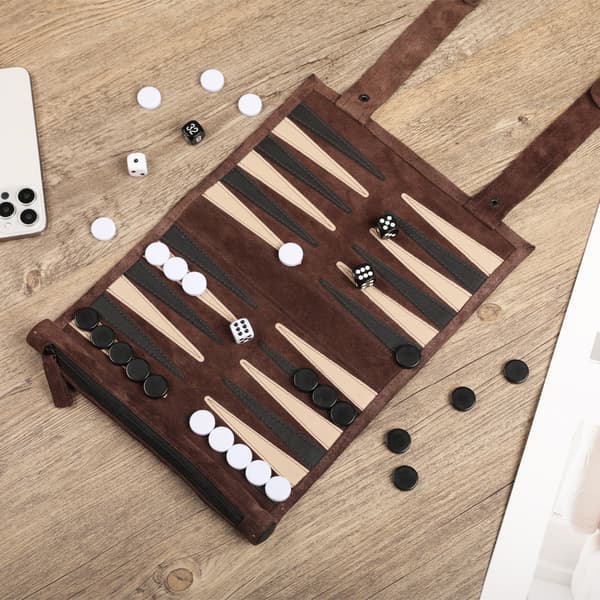 Roll-up Mocka Backgammon Spelset - & Barn - för Husbilsresor, Kryssningar, Flygplan, Camping