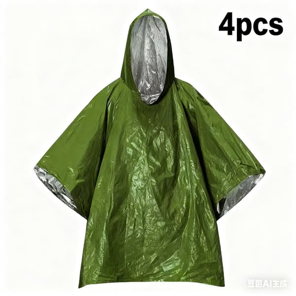 4 stk. Nødponcho og Mylar Tæppe Foring - Vindafvisende Udendørs Regnponcho til Camping