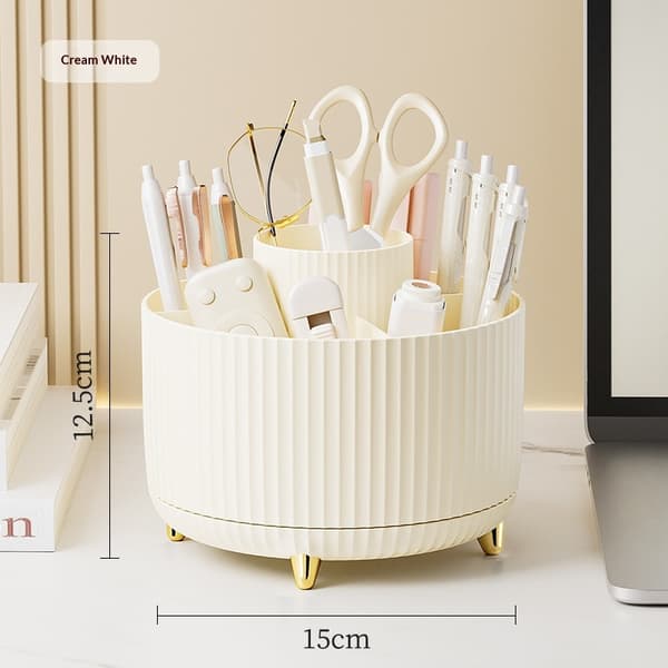 Makeupbørsteholder med stor kapacitet, 360° roterende makeup-organizer, 5-rums makeupbørstekop (creme)