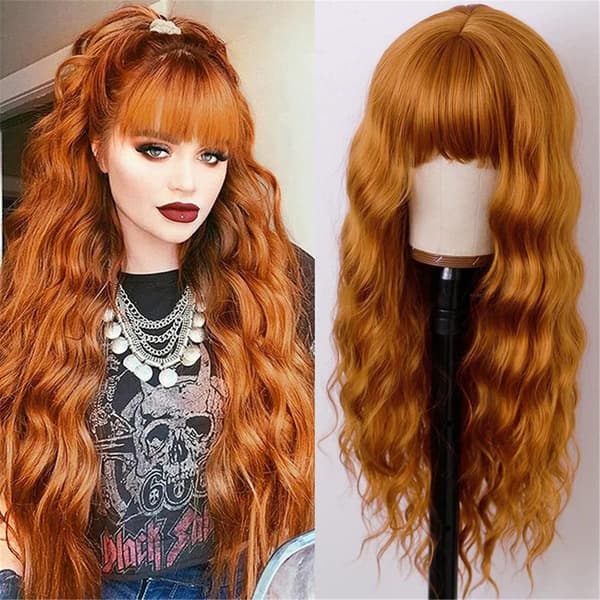 Lång orange peruk med lugg, ingefära vågiga peruker