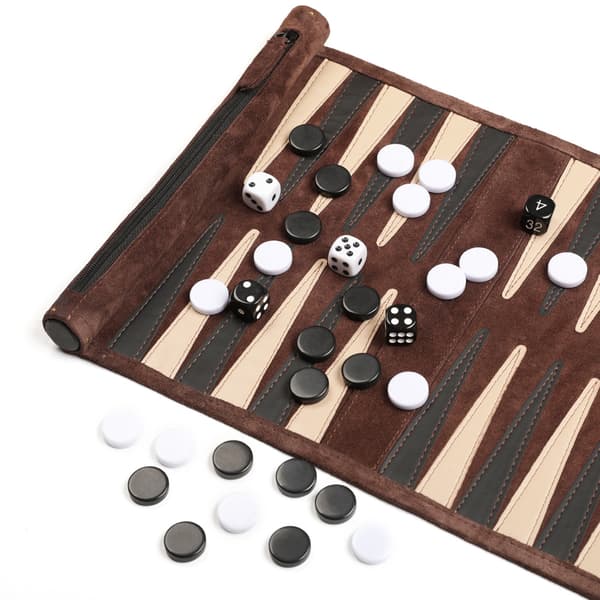 Roll-up Mocka Backgammon Spelset - & Barn - för Husbilsresor, Kryssningar, Flygplan, Camping