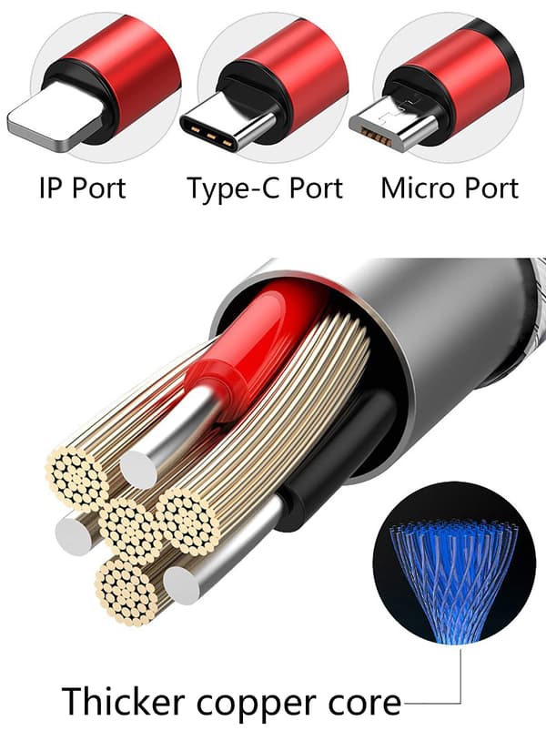 Multiladdningskabel, flätad universal 3-i-1 multiladdarkabeladapter med typ C USB-port för och mer (röd)