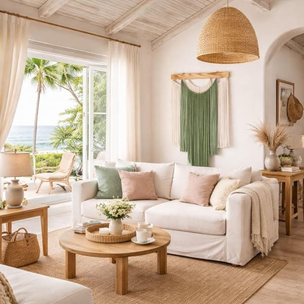 Seinävaate Boho-seinäkoriste Vihreä ja beige lankaseinätaide