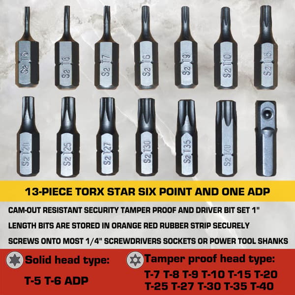 14-delars Torx Bitssats, S2 Legerat Stål T5-T40 Säkerhets Torx Bits. Presenter till män