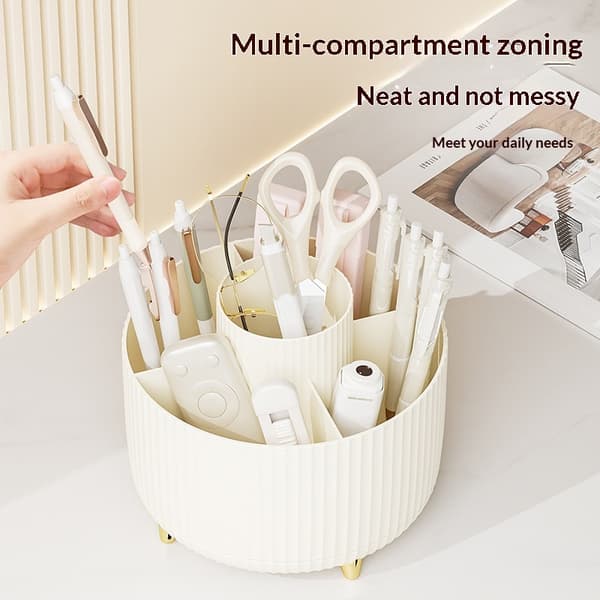 Makeupbørsteholder med stor kapacitet, 360° roterende makeup-organizer, 5-rums makeupbørstekop (creme)