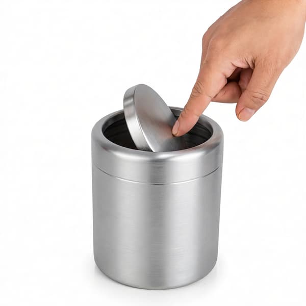 Täckta papperskorgar, papperskorgar i borstat rostfritt stål, cylindriska papperskorgar, badrum (silver)