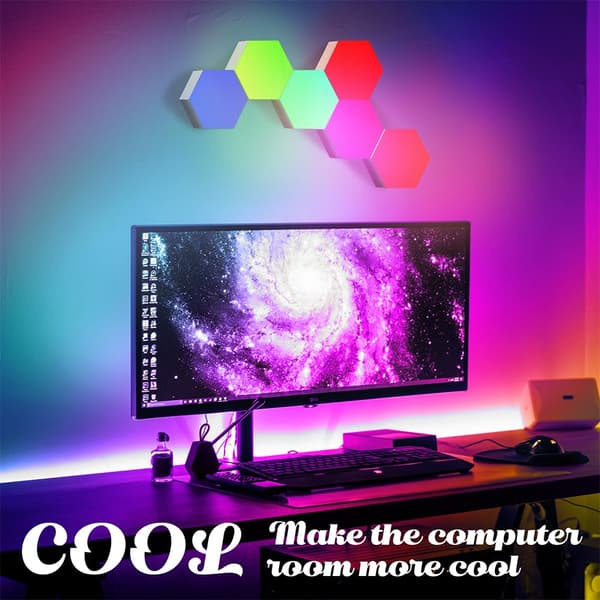 Musiksynkroniserade hexagonlampor, modulär LED-lampa, USB-strömförsörjning hexagonvägglampor, sovrum LED-ljusväggpaneler present (6-pack)