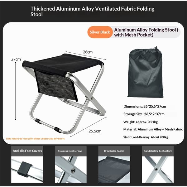 Campingtaburet, foldbar taburet XXL størrelse campingtaburet understøtter op til 200 kg sort