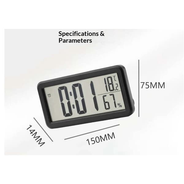 Digital väckarklocka, svart LCD med temperatur- och luftfuktighetsdisplay, väggmonterbar