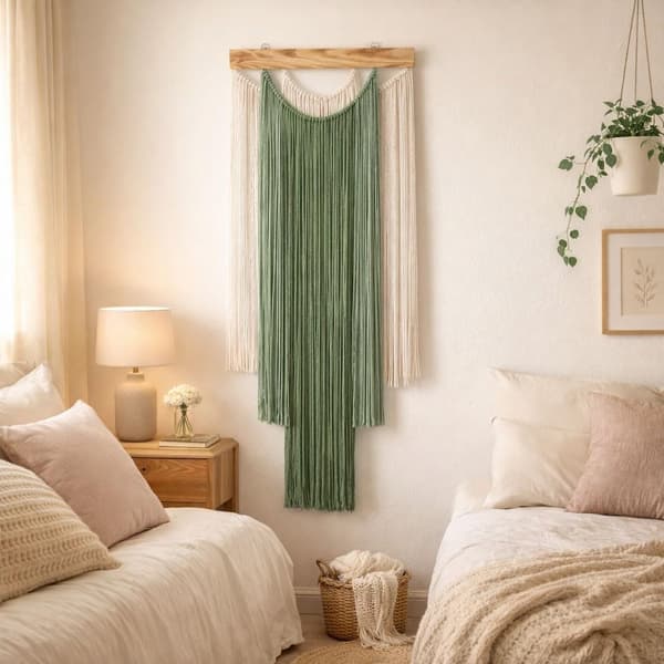 Seinävaate Boho-seinäkoriste Vihreä ja beige lankaseinätaide