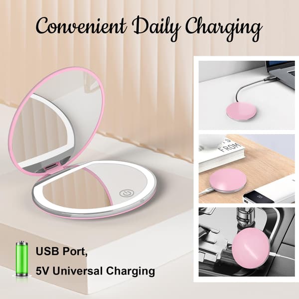Kompakti peili valolla, 1X/2X suurennus LED-taskupeili USB-datakaapelilla, vaaleanpunainen minipeili kukkaroon, taskuun, matkalle