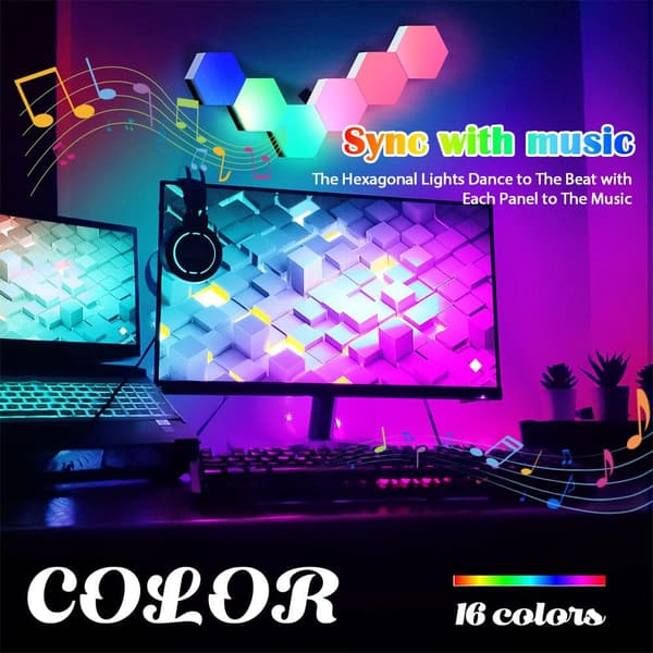 Musiksynkroniserade hexagonlampor, modulär LED-lampa, USB-strömförsörjning hexagonvägglampor, sovrum LED-ljusväggpaneler present (6-pack)