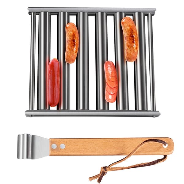 Pølseruller, pølseruller til grill, grillrist i rustfritt stål med langt trehåndtak