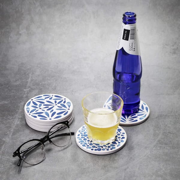 Sæt med 6 glasbrikker til drinks, absorberende runde stenbrikker med korkbund (Indigo Blå)