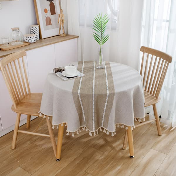 Rund duk, duk med dusk i bomull og lin (Tre linjer kaffe 150cm)