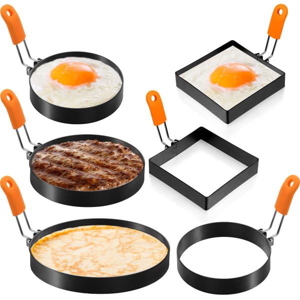 6 stk. eggering pannekakering sett i rustfritt stål, stekte eggformer, pannekakeformere