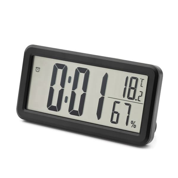 Digital väckarklocka, svart LCD med temperatur- och luftfuktighetsdisplay, väggmonterbar