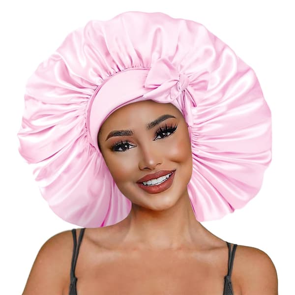 Silkehætte til at sove i, satinhårhætte, justerbar hætte, lyserøde hætter, sovehætte til kvinder og piger, nathætter til