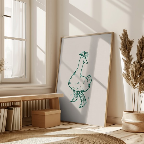 Duck wearing Western Boots in green Poster 50x70 cm