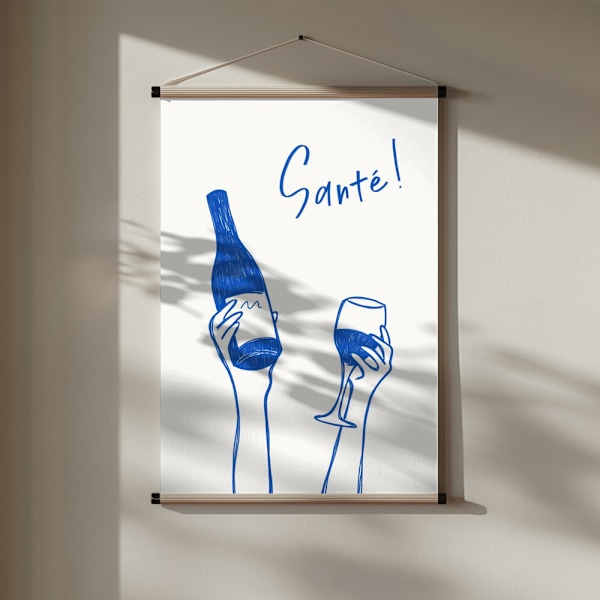 Hands holding a wine bottle and a wine glass with the text &quot;Cheers!&quot; in French Poster 30x40 cm