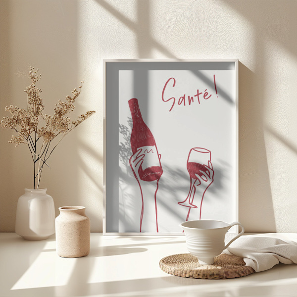 Hands holding a wine bottle and a wine glass with the text &quot;Cheers!&quot; in French Poster 30x40 cm