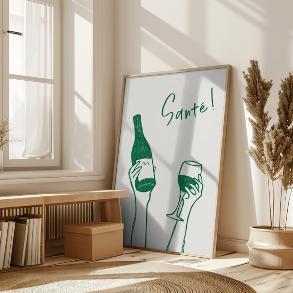 Hands holding a wine bottle and a wine glass with the text &quot;Cheers!&quot; in French Poster 50x70 cm