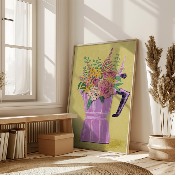 Espresso Maker with Flowers Poster 50x70 cm