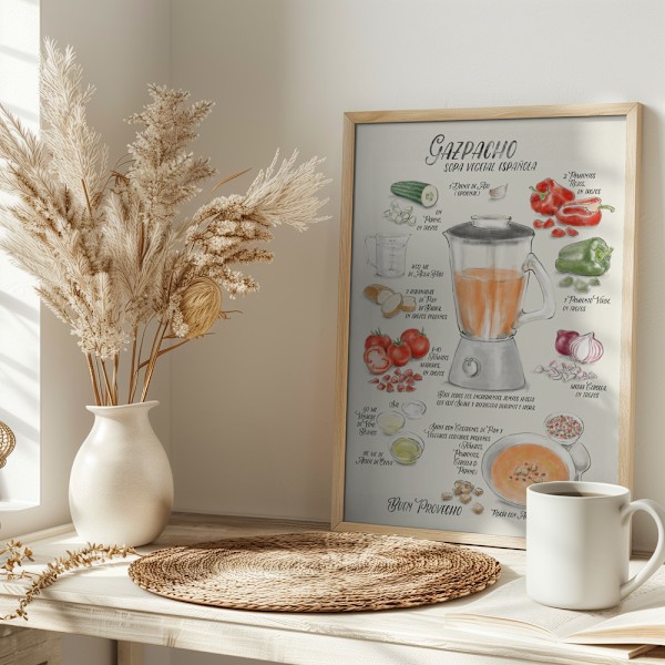 Gazpacho illustrated recipe in Spanish Poster 30x40 cm