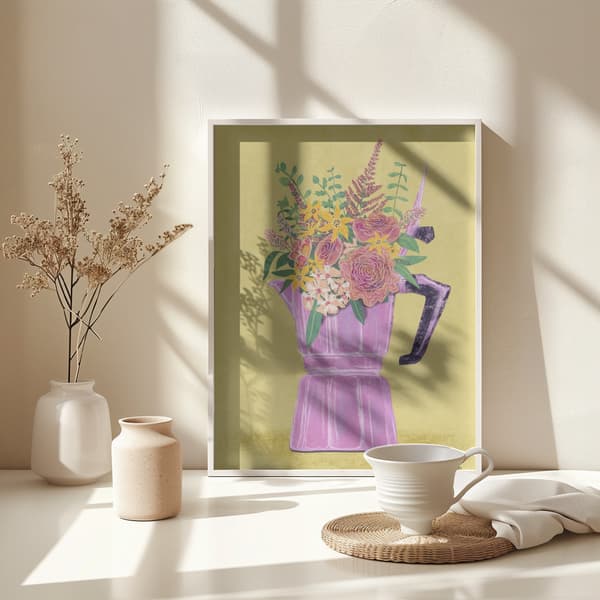 Espresso Maker with Flowers Poster 30x40 cm