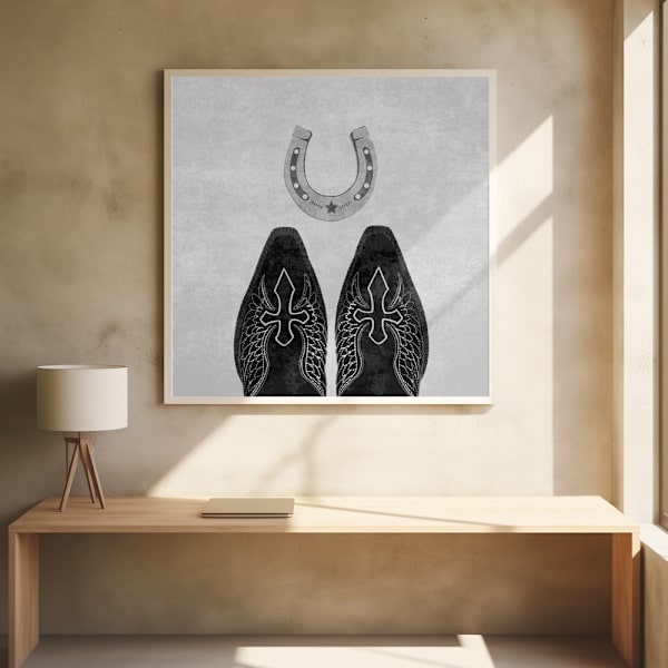 Bw Cowboy Boots and Horseshoe Poster 50x50 cm