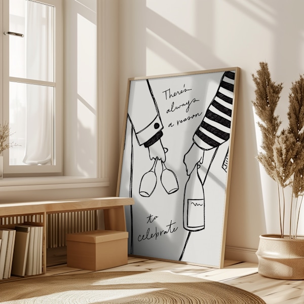 Two persons holding a wine bottle and wine glasses with the text &quot;There&#039;s always a reason to celebrate&quot; Poster 50x70 cm