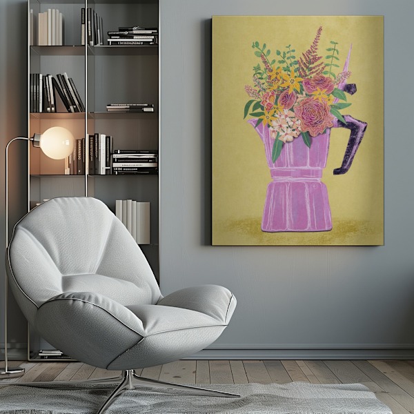 Espresso Maker with Flowers Canvastavla 50x70 cm