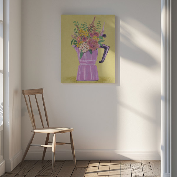 Espresso Maker with Flowers Canvastavla 30x40 cm