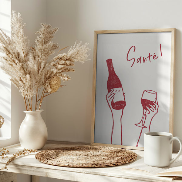 Hands holding a wine bottle and a wine glass with the text &quot;Cheers!&quot; in French Poster 30x40 cm