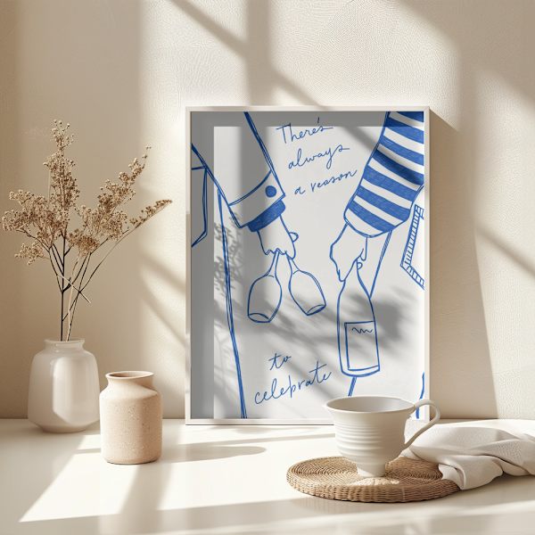 Two persons holding a wine bottle and wine glasses with the text &quot;There&#039;s always a reason to celebrate&quot; Poster 30x40 cm