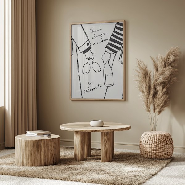 Two persons holding a wine bottle and wine glasses with the text &quot;There&#039;s always a reason to celebrate&quot; Poster 50x70 cm