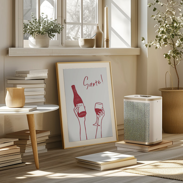 Hands holding a wine bottle and a wine glass with the text &quot;Cheers!&quot; in French Poster 50x70 cm