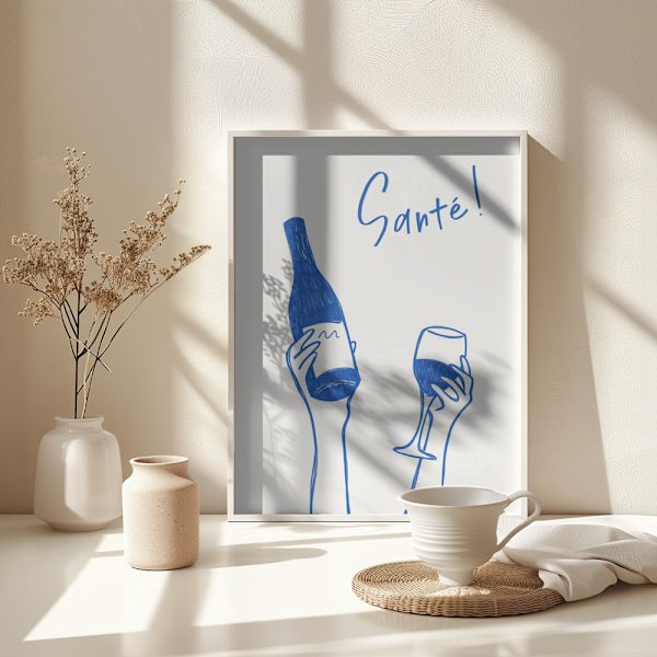 Hands holding a wine bottle and a wine glass with the text &quot;Cheers!&quot; in French Poster 30x40 cm