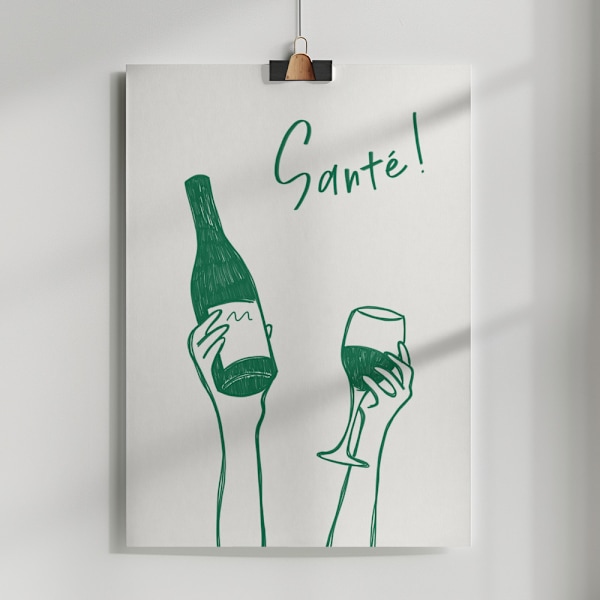 Hands holding a wine bottle and a wine glass with the text &quot;Cheers!&quot; in French Poster 50x70 cm