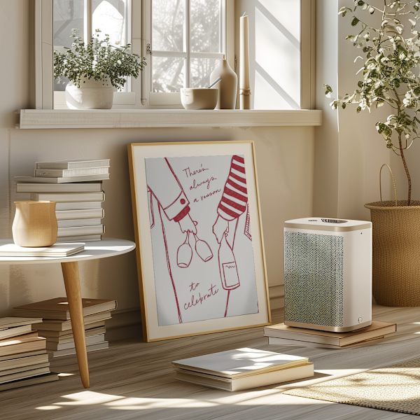 Two persons holding a wine bottle and wine glasses with the text &quot;There&#039;s always a reason to celebrate&quot; Poster 50x70 cm