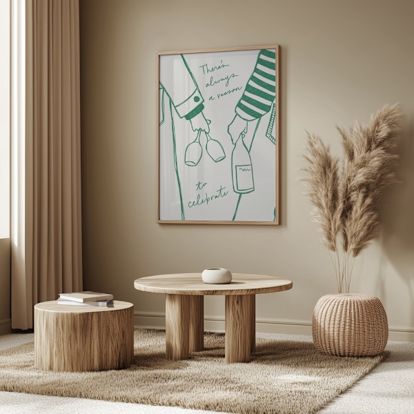 Two persons holding a wine bottle and wine glasses with the text &quot;There&#039;s always a reason to celebrate&quot; Poster 50x70 cm