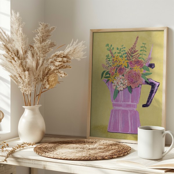 Espresso Maker with Flowers Poster 30x40 cm