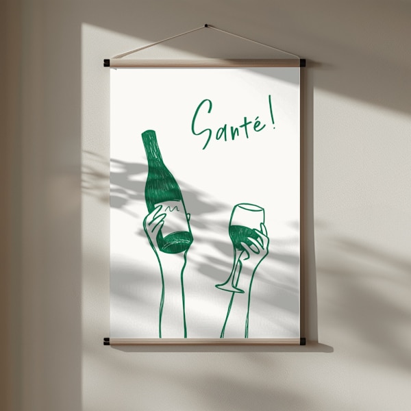 Hands holding a wine bottle and a wine glass with the text &quot;Cheers!&quot; in French Poster 30x40 cm