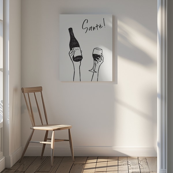 Hands holding a wine bottle and a wine glass with the text &quot;Cheers!&quot; in French Canvastavla 30x40 cm