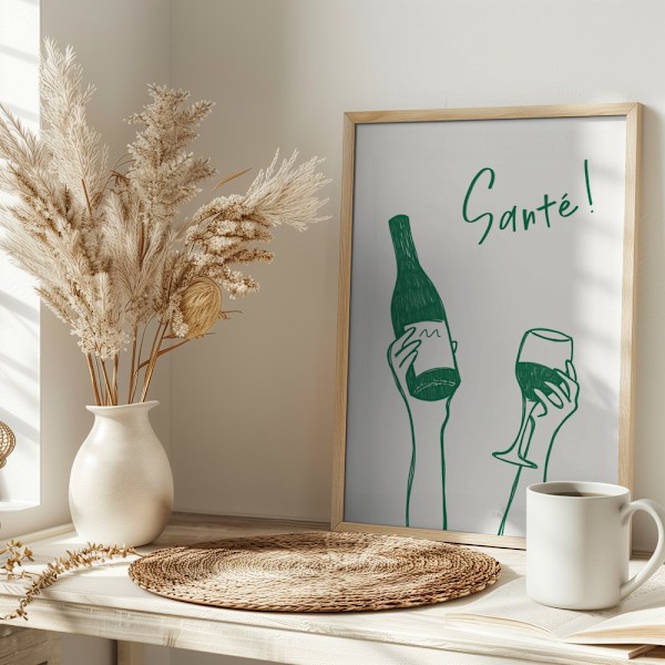 Hands holding a wine bottle and a wine glass with the text &quot;Cheers!&quot; in French Poster 30x40 cm
