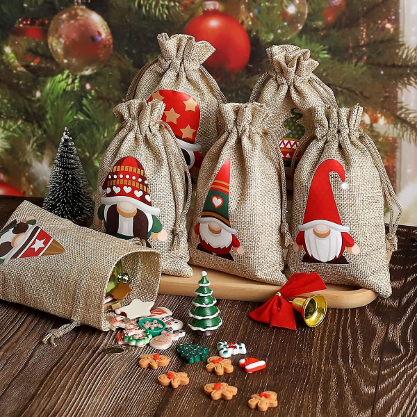 Julklappspåsar med dragsko, 24 st juljutepåsar, 4x6" julklappspåsar, små presentpåsar